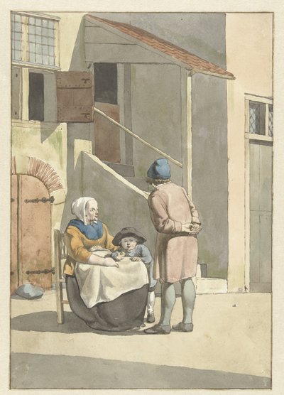 Pojke och kvinna med barn framför ett hus av W. Barthautz