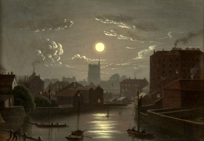 Bristol - Moonlight Scene (olja på koppar) av W. Crambrook