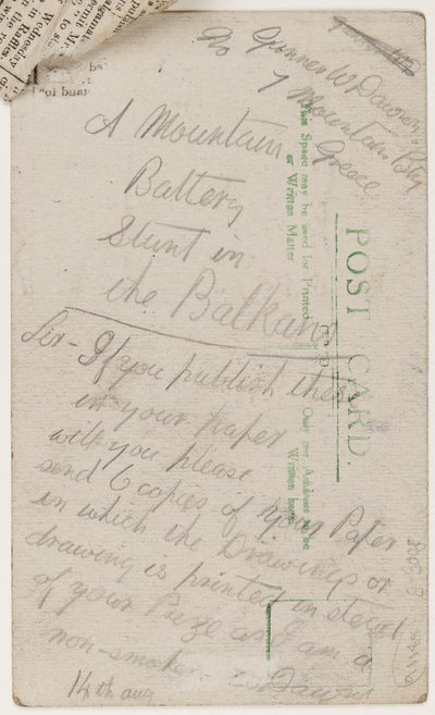Vykort till redaktören för Liverpool Weekly Courier, 14 augusti 1918 (penna på vykort) av W. Dawson