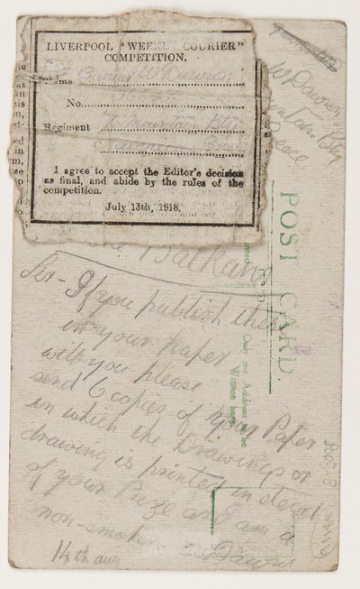 Vykort till redaktören för Liverpool Weekly Courier, 14 augusti 1918 (penna på vykort) av W. Dawson