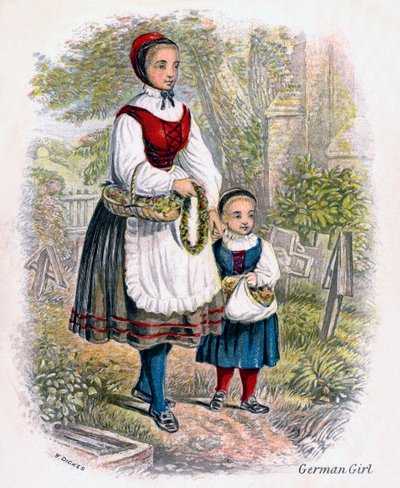 Två tyska flickor med korgar med blommor, 1809. av W. Dickes
