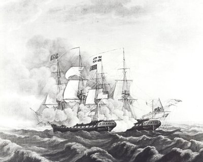 USS Constitution och HMS Guerriere (litho) av John Ward Dunsmore