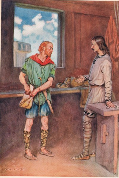 En sjöman ger Horatio ett brev från Hamlet, ur "Hamlet" av William Shakespeare, upplaga utgiven av Hodder und Stoughton 1915. av W. G. Simmonds
