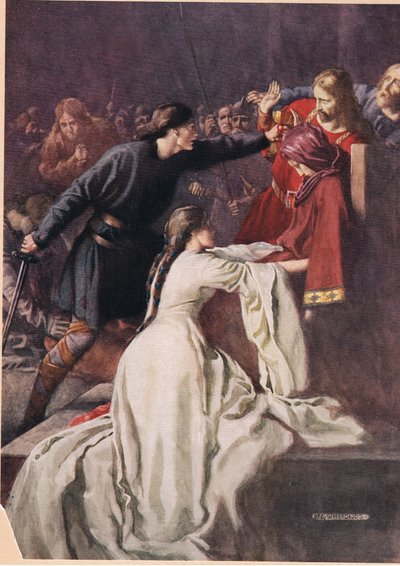Hamlet tvingar kungen att dricka gift, från "Hamlet" av William Shakespeare, utgåva publicerad av Hodder und Stoughton 1915 av W. G. Simmonds