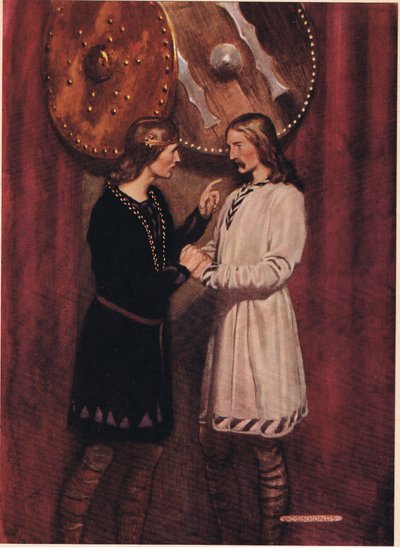 Hamlet pratar med Horatio, från "Hamlet" av William Shakespeare, utgåva publicerad av Hodder und Stoughton 1915. av W. G. Simmonds