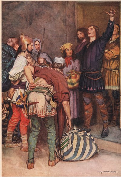 Hamlet välkomnar de resande spelarna till Helsingör, från "Hamlet" av William Shakespeare, utgåva utgiven av Hodder und Stoughton 1915 av W. G. Simmonds