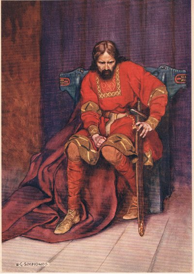 Kungen talar om att ha Hamlet dödad, från "Hamlet" av William Shakespeare, utgåva publicerad av Hodder und Stoughton 1915 av W. G. Simmonds