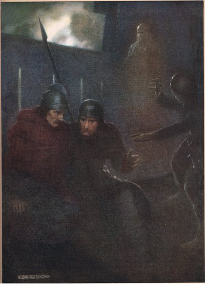 Hamlets fars spöke dyker upp från "Hamlet" av William Shakespeare, utgåva publicerad av Hodder und Stoughton 1915 av W. G. Simmonds