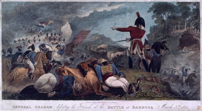 General Graham som besegrar fransmännen i slaget vid Barrosa, graverad av J. Edwards, publicerad av Almanack Stationers, 1812 av W. Hal Brooke