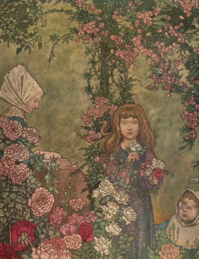 Bondefrun satt på söndagarna vid dörren till sin stuga och läste sin psalmbok, c1930 av William Heath Robinson