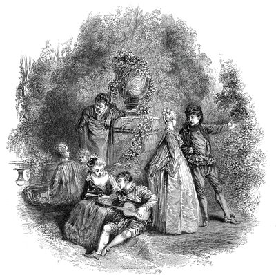 Scen från Watteau 1644, 1844. av W. J. Linton