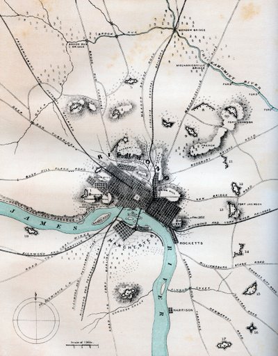 En karta över Richmond och dess närhet som visar alla batterier, 1862-1867. av W Kemble