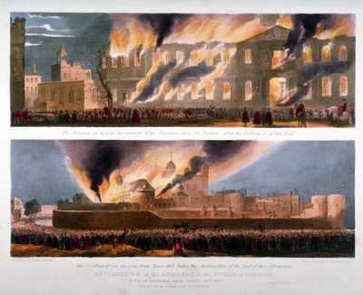 Två vyer av förstörelsen av Armory i Tower of London genom brand, 30 oktober 1841 av W Kohler and Co