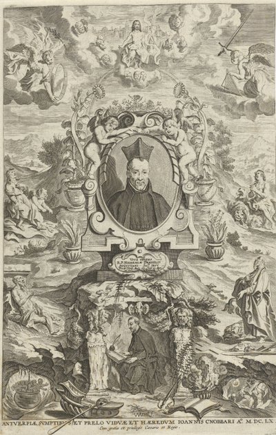 Porträtt av Jeremias Drexel Titelsida för: JE. Drexel, De sonne-bloeme oft Vande over-een-cominge van den menscheliicken wille met de[n] godtliicke[n], 1660 av W Merel van
