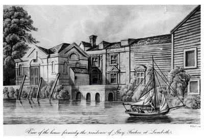 Utsikt över huset, tidigare Guy Fawkes residens i Lambeth, ca 1850 (akvatint) av W. Read