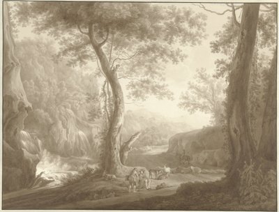 Bergslandskap med getherde och resenär av W. Regnu (possibly)