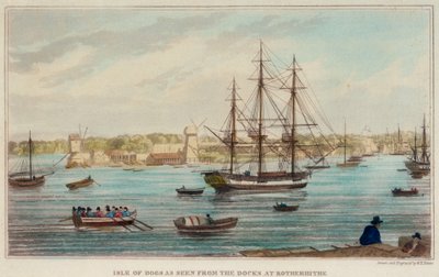 Isle of Dogs sett från hamnen vid Rotherhithe av W. Timms