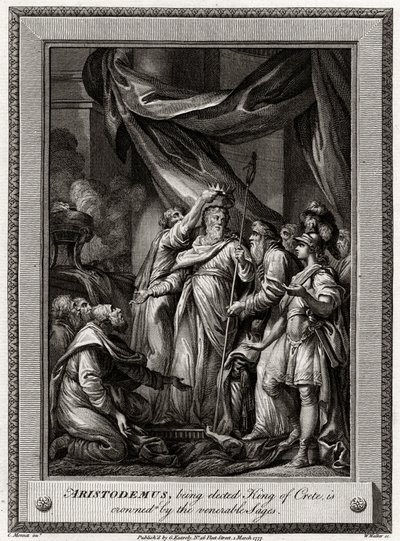 Aristodemus, som väljs till kung av Kreta, kröns av de ärevördiga visena, 1777 av W. Walker