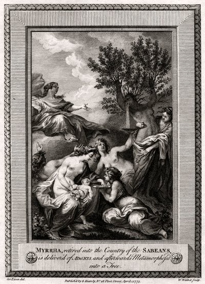 Myrrha, pensionerad till Sabeans land, levereras av Adonis..., 1775 av W. Walker