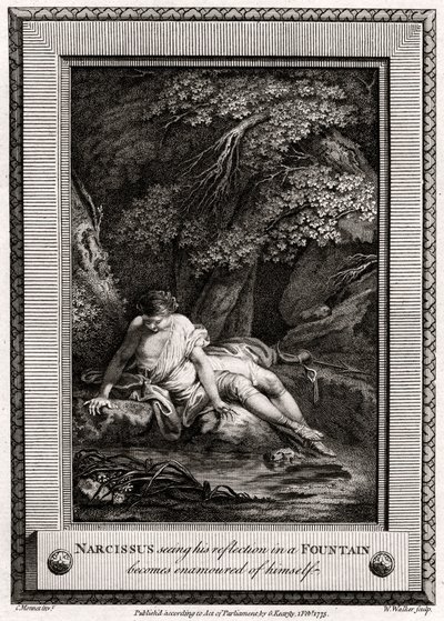 Narcissus som ser sin reflektion i en fontän blir förälskad i sig själv, 1775 av W. Walker