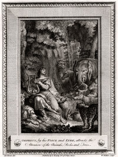 Orpheus, genom sin röst och lyra, lockar uppmärksamheten från djuren, klipporna och träden, 1774. av W. Walker
