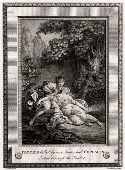 Procris dödades av en pil som Cephalus sprang genom snåret, 1775 av W. Walker
