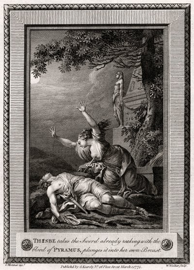 Thisbe tar svärdet som redan luktar av Pyramus blod, kastar det in i..., 1775. av W. Walker