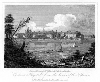 Chelsea Hospital, från Banks of the Thames, London, 1816. av W. Wallis