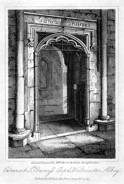 Ingången till St Erasmus Chapel, Westminster Abbey, London, 1817. av W. Wallis