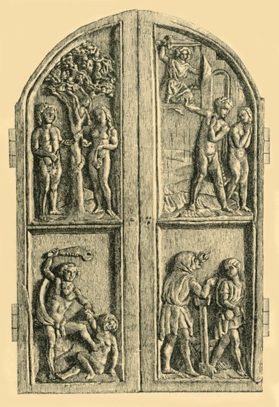 Diptyk i trä med scener från Första Moseboken, mitten av 1800-talet, 1881. av W. Wise