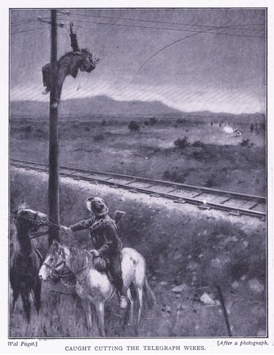 Fångad med att klippa av ledningarna, illustration från After Pretoria: The Guerilla War, 1902 av Wal Paget