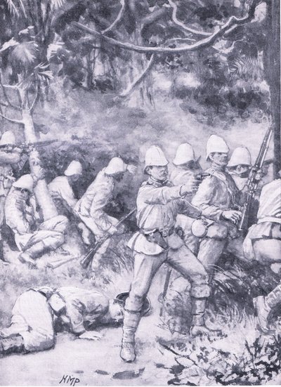 Slåss mot en väg genom skogen på väg till Coomassie, illustration från 