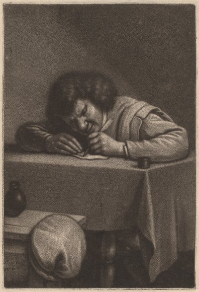 En man som skriver vid ett bord av Wallerant Vaillant after Adriaen Brouwer