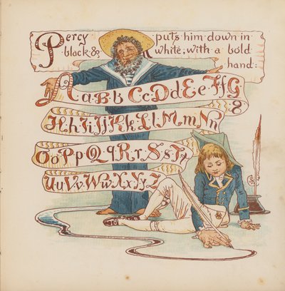Illustration till Pothooks and Perseverance av Walter Crane (färglitografi) av Walter (after) Crane