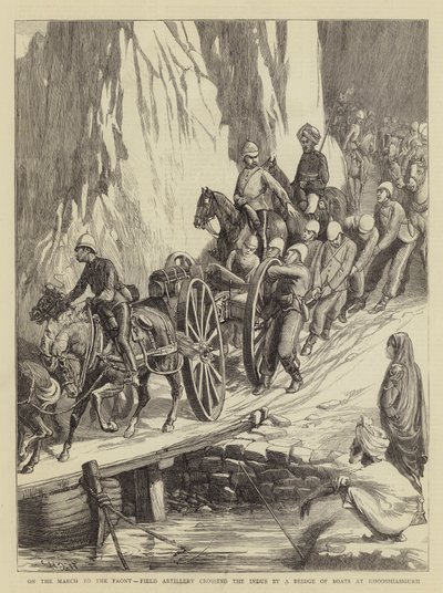 På marschen till fronten, fältartilleriet korsar Indus med en båtbro vid Khooshiahgurh av Walter Charles Horsley