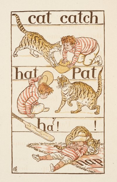 En pojke som leker med en katt. Illustration i 