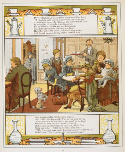 En familj som äter förfriskningar i en buffé. Färgillustration från 