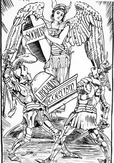 Allegori om Walter Crane: Socialismen segrar hårt i kampen mellan liberalism och torysm (det engelska konservativa partiet). Gravyr från slutet av 1800-talet. av Walter Crane