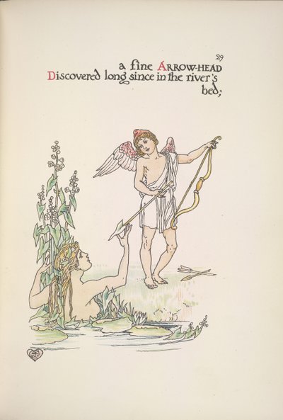 En ängel som håller en pil och en dam i en flod eller sjö av Walter Crane