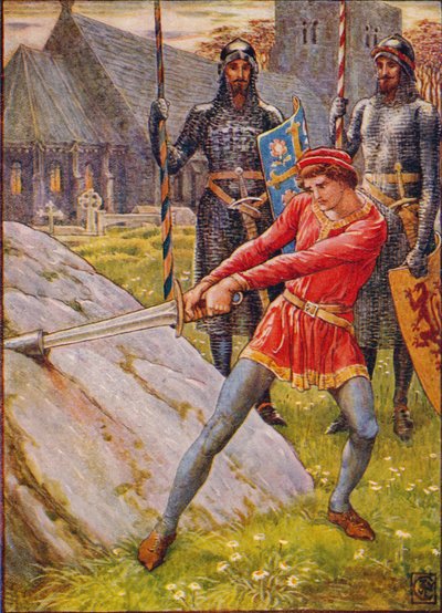 Arthur drar svärdet från stenen, 1911. av Walter Crane