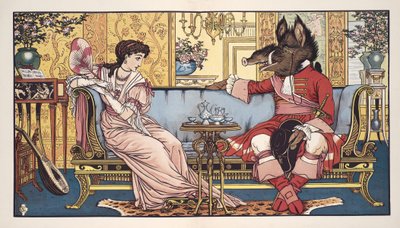 Beauty and the Beast, pub. 1874 (lito i färg) av Walter Crane