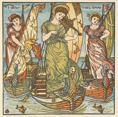 Färgillustration för "Jag såg tre skepp". Tre kvinnor, en spelar fiol, står på fartyg. av Walter Crane