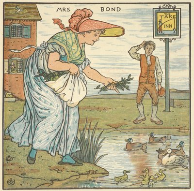Färgillustration för "Mrs Bond". En kvinna som matar ankor utanför ett värdshus. av Walter Crane