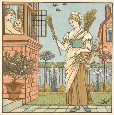 Färgillustration för "Köp en kvast". En ung kvinna som säljer kvastar. av Walter Crane