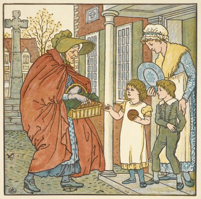 Färgillustration för "heta korsbullar". En gammal kvinna som ger varma korsbullar till två barn. av Walter Crane