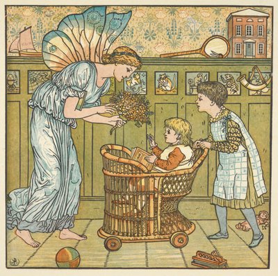 Färgillustration för "barnets bukett", ett barnrim. En älva som ger blommor till ett barn. av Walter Crane