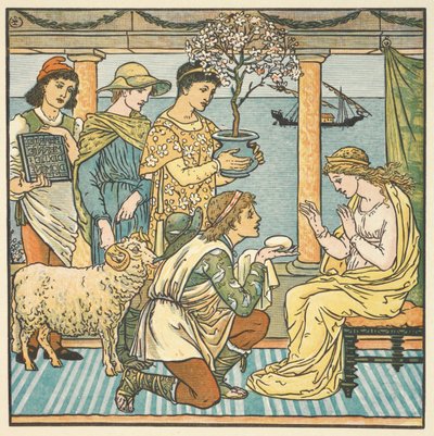 Färgillustration för "de fyra presenterna". Fyra bröder ger presenter till en ung kvinna. av Walter Crane