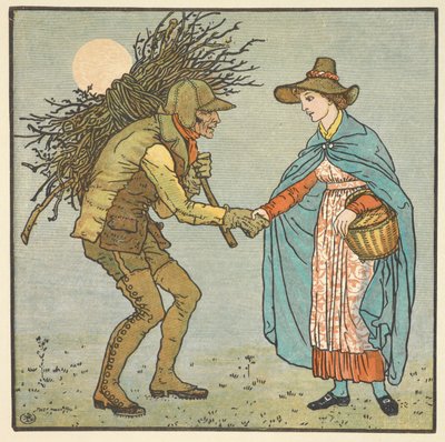 「革の老人」のカラーイラスト。 肩に小枝の山を乗せた男性と握手する若い女性.スウェーデン語 av Walter Crane
