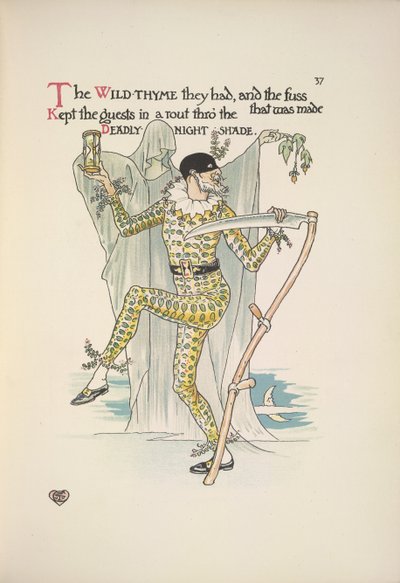 Dödlig nattskugga. En man som bär en mask, en gul kostym och håller i en äggklocka och en lie av Walter Crane