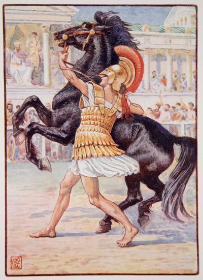 Han sprang mot hästen och tog tag i tygeln, illustration från "The Story of Greece" av Mary Macgregor, första upplagan, 1913 (färgtryck). av Walter Crane